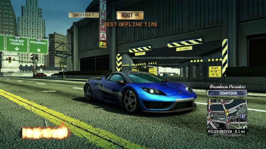 Imagem do jogo Burnout Paradise remastered  com um carro azul parado em uma