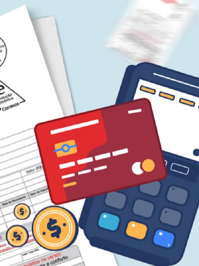 Imagem de calculadora, cartão e moedas