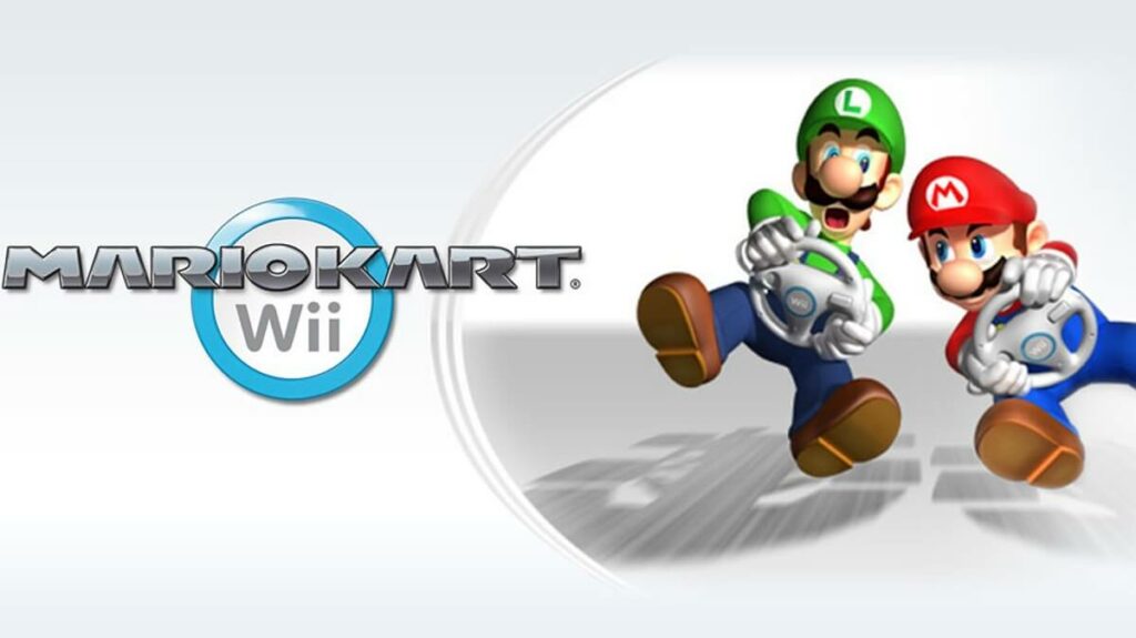 Capa do jogo Mario Kart Wii com um fundo branco e Mario e Luigi fingindo dirigir di