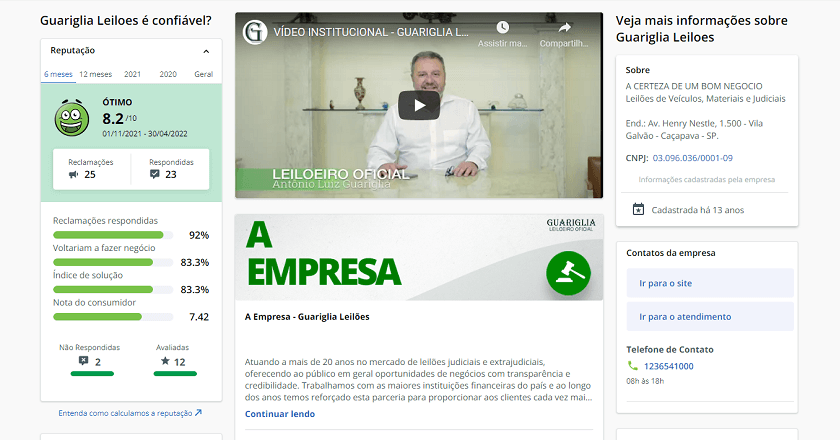 Reputação do Guariglia leilões no Reclame Aqui