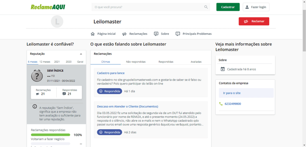 Captura de tela do site Reclame Aqui com informações sobre a Leilomaster