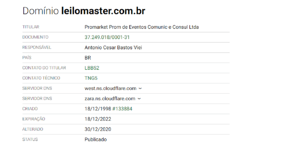 Captura de tela com dados sobre o domínio do site