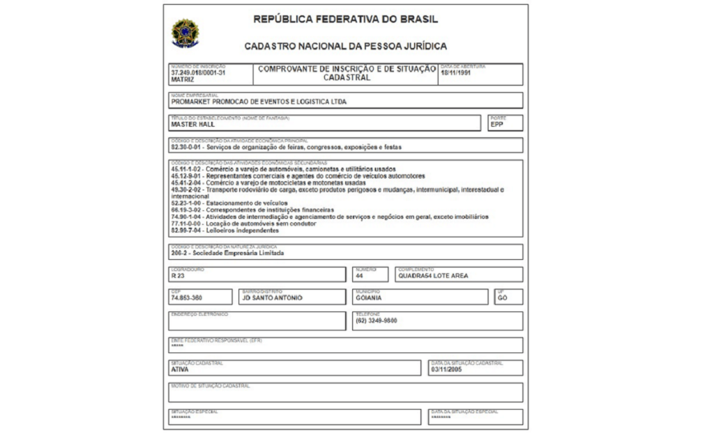 Captura de tela do documento referente ao CNPJ e demais informações sobre a Leilomaster