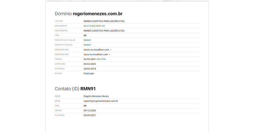 Domínio do Site de Rogério Menezes leilão