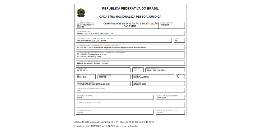 Consulta de CNPJ Rogério Menezes leilão