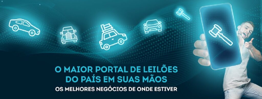 Propaganda da Vip Leilões com cores neon em tons azuis e cores normais em tons mais escuros. Gomem segurando um celular com um símbolo de leilões.