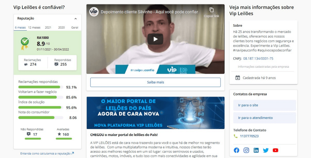 Captura de tela referente a reputação do Vip Leilões na plataforma do Reclame Aqui. Com vídeo de um cliente dando seu depoimento sobre a empresa.