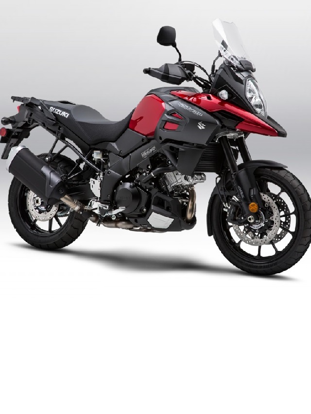 lateral frontal suzuki dl 1000 v-strom 2022 vermelha com detalhes preto em um fundo branco
