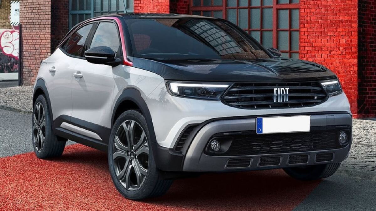 Projeção do novo Uno 2023 SUV, utilizando cores branco, vermelho e preto