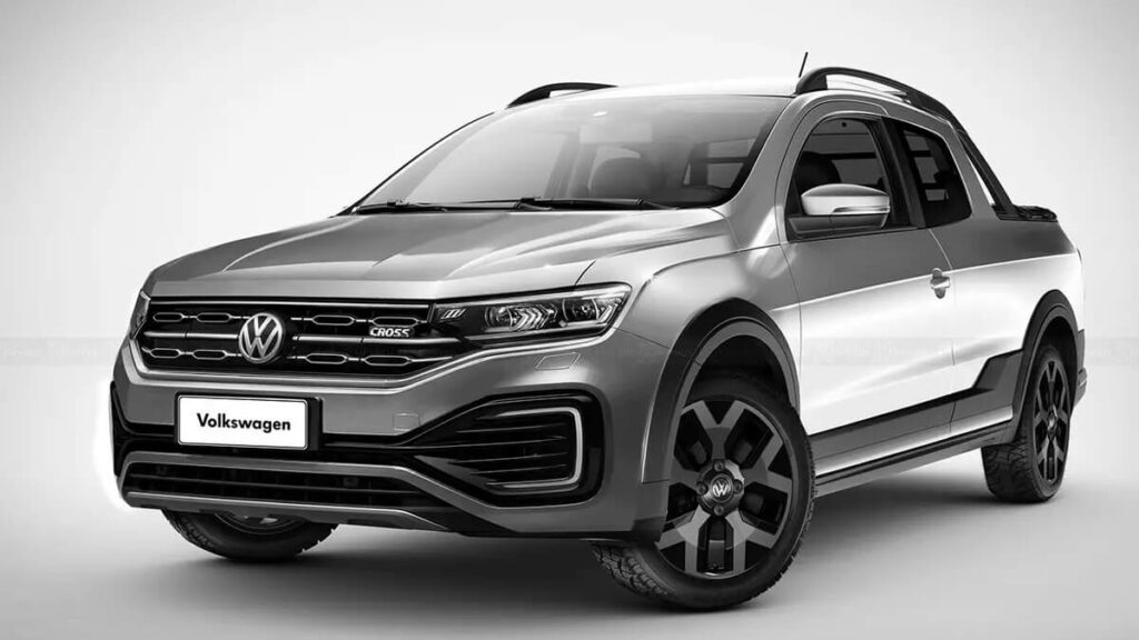 Lateral frontal de uma VW Saveiro 2023 em uma cor prateada, com partes em preto, em um fundo branco.