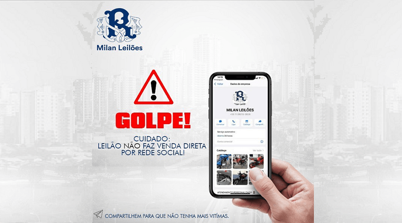 Informativo sobre golpes usando a imagem do Milan Leilões