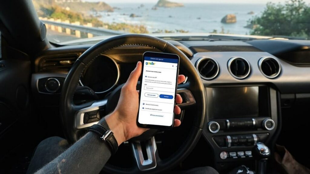 Pessoa segurando celular com a CNH digital e ao fundo praia com mar e rochas