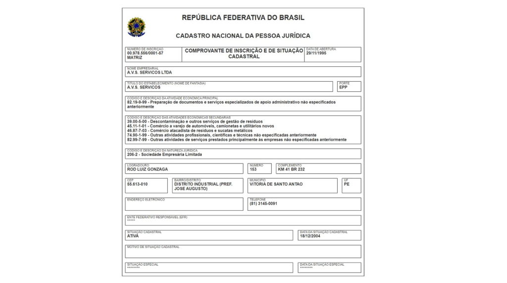 Captura de tela com os dados referentes ao CNPJ da leiloeira Coliseum