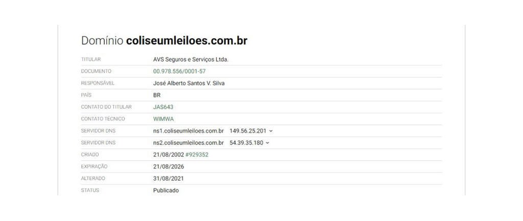 Captura de tela com os dados do domínio do site Coliseum Leilão