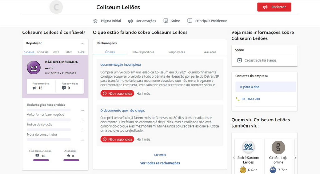 Captura de tela com os dados referentes a reputação da Coliseum Leilão na plataforma de reclamações do Reclame Aqui
