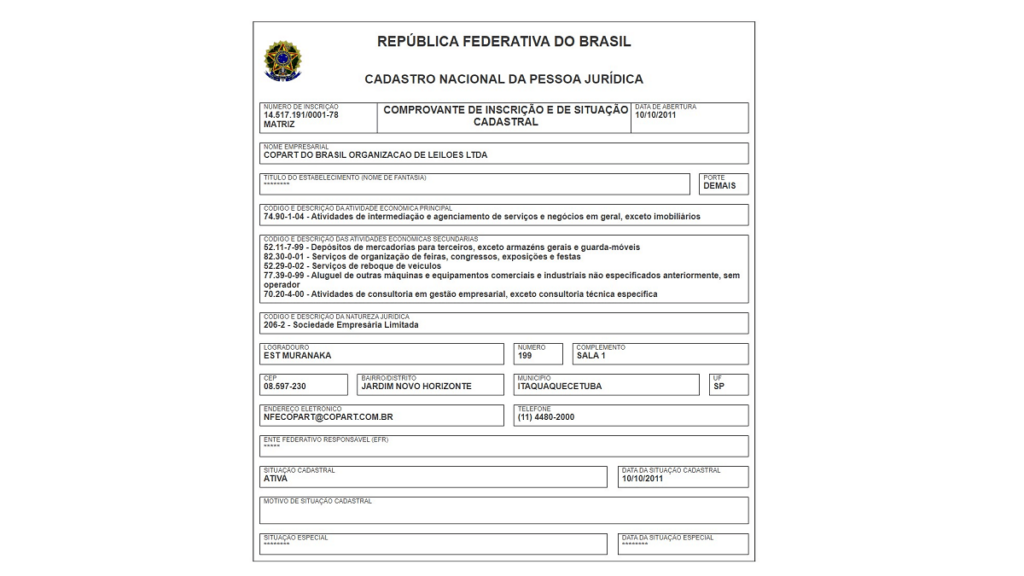 Imagem referente a pesquisa do CNPJ da empresa Copart Leilões em fundo branco