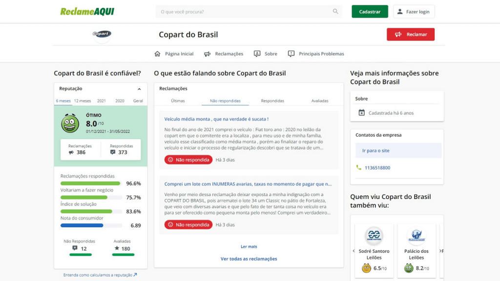 Imagem referente a pesquisa feita sobre a reputação da leiloeira no site Reclame Aqui