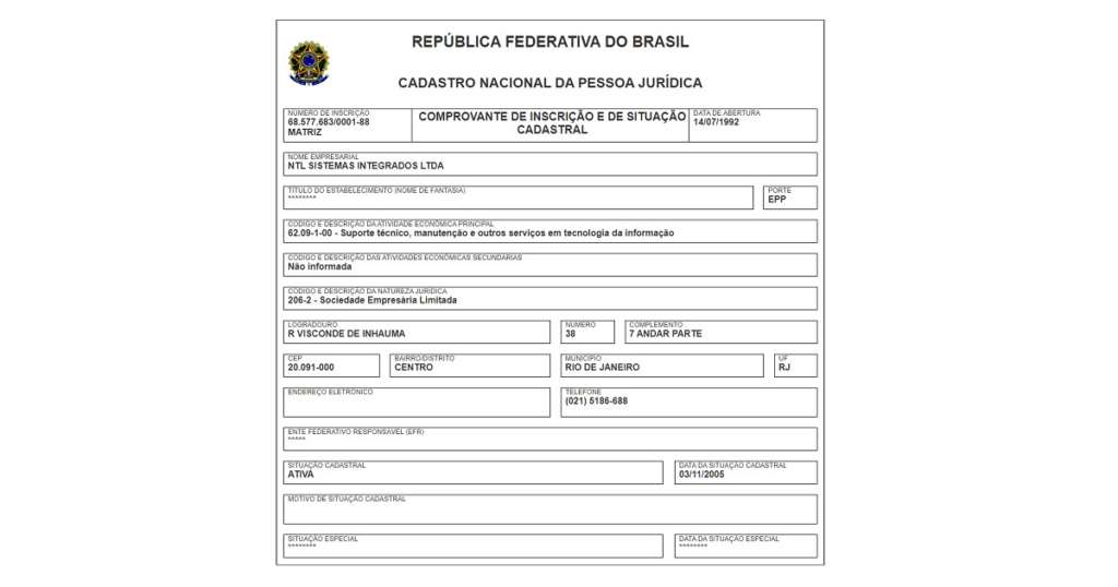 Captura de tela com informações referentes aos dados do CNPJ da empresa de leilões
