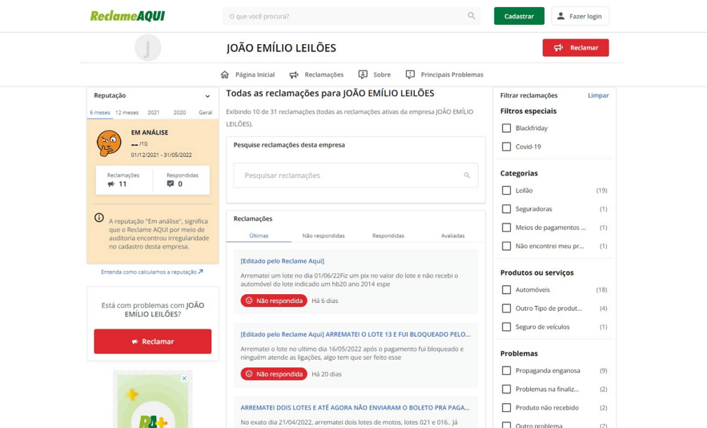 Captura de tela com informações referentes a reputação da empresa no site Reclame Aqui