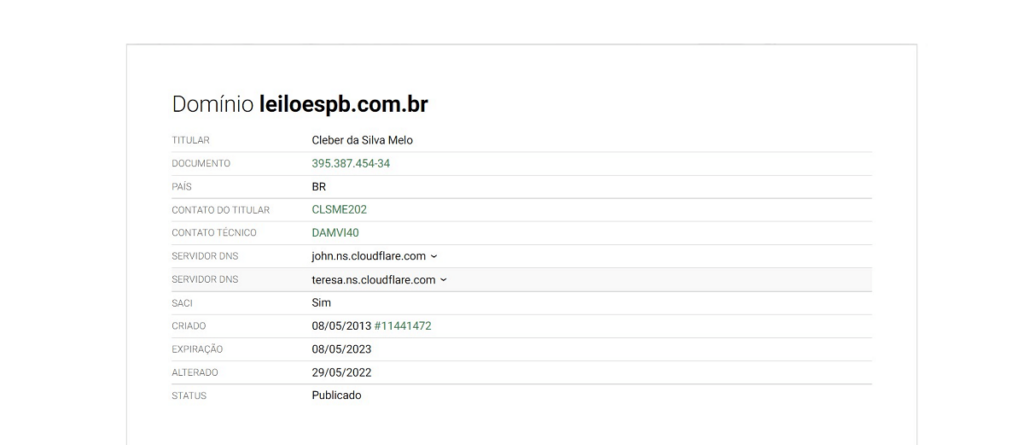 Captura de rela referente ao domínio do site, com fundo branco