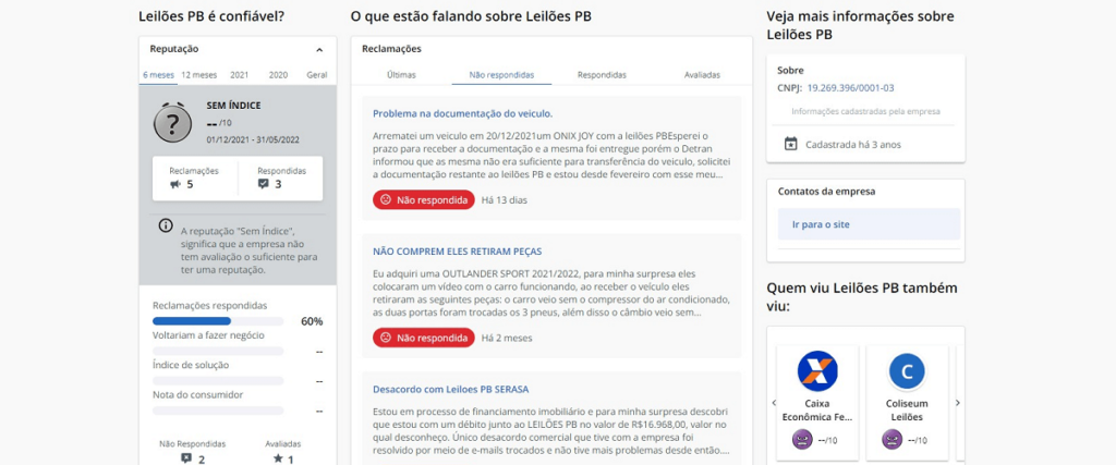 Print da página da Leilões PB no Reclame aqui