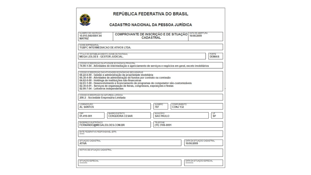 Captura de tela com informações do documento de CNPJ em fundo branco
