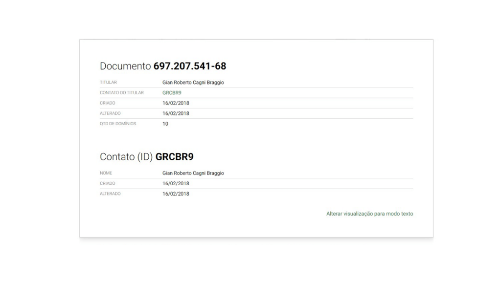 Captura de tela referente ao CPF do titular do site, com fundo branco