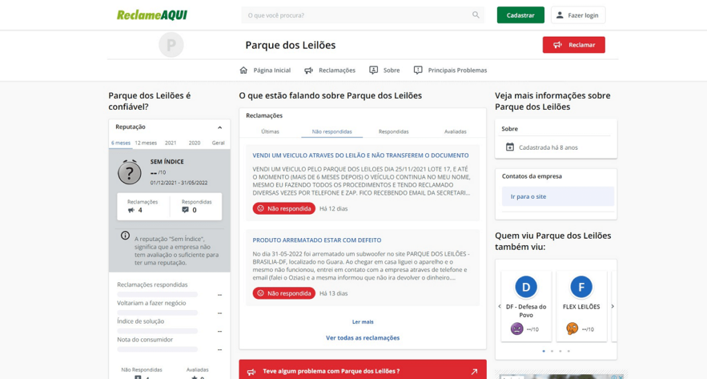 Captura de tela com a reputação do site Parque dos leilões no Reclame Aqui