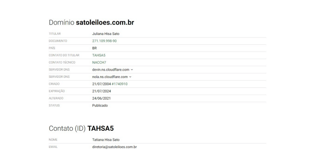 Print com informações referentes ao domínio do site Sato Leilões