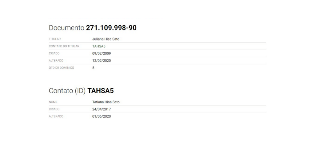 Print com os dados do CPF da responsável pelo site Sato Leilões.