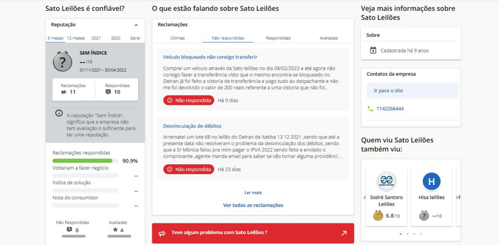 Print do site Reclame Aqui em relação a reputação da Sato Leilões