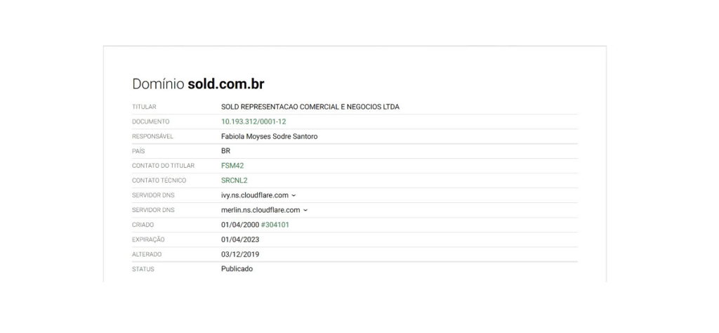 Captura de tela com informações referentes ao domínio do site