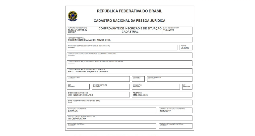 Captura de tela do documento com dados como CNPJ da Sold Leilões