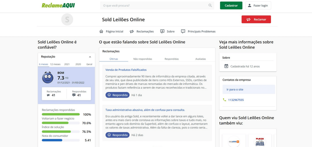 Captura de tela do site Reclame Aqui com a reputação da Sold Leilões
