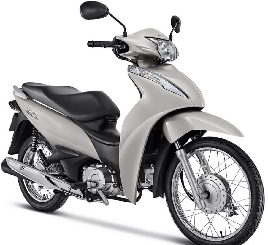 Foto frontal da Biz 110i 2023 na cor Prata Perolizado