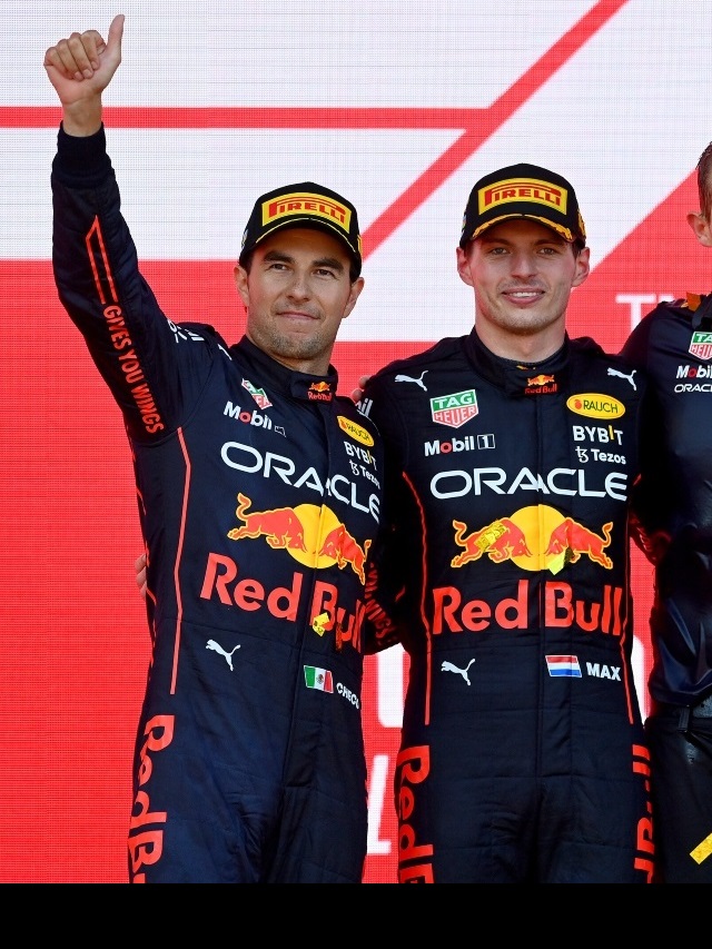 Foto dos pilotos vencedores da GP de Azerbaijão, Sergio Perez e Max Verstappen