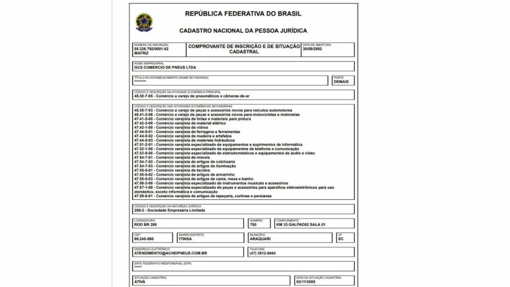 Print do CNPJ da Achei Pneus