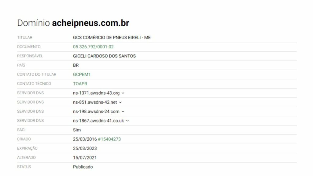 Print do domínio da Achei Pneus