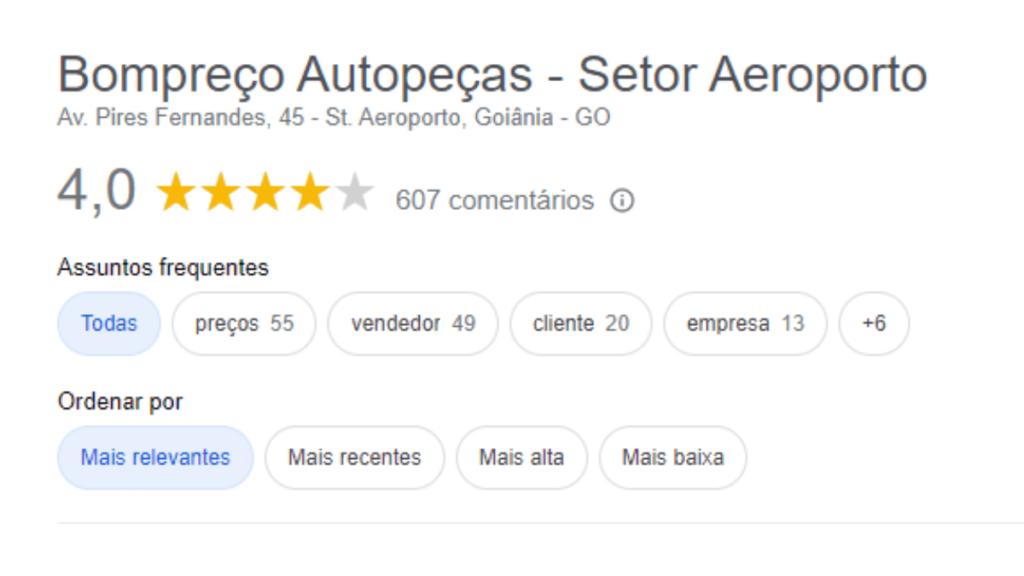 Notas dos clientes no Google