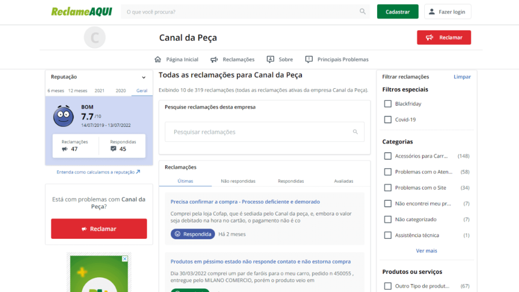 Reclame Aqui da Canal da Peça