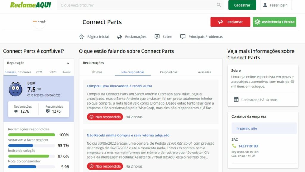 Reclame Aqui do Connect Parts