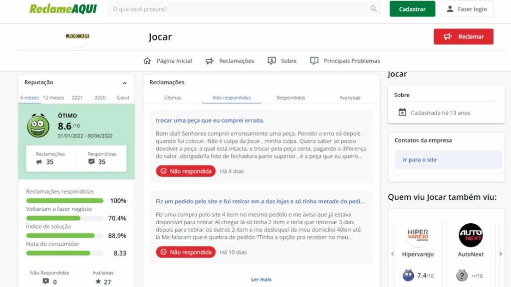 Print do site Reclame Aqui da Jocar