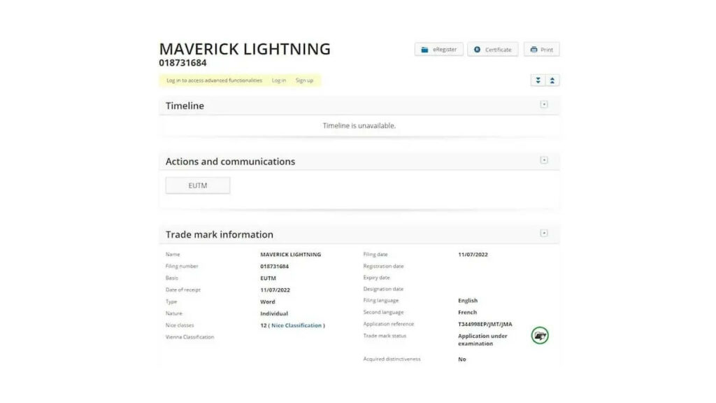 Foto de um registro online da Ford Maverick Lightning 2023