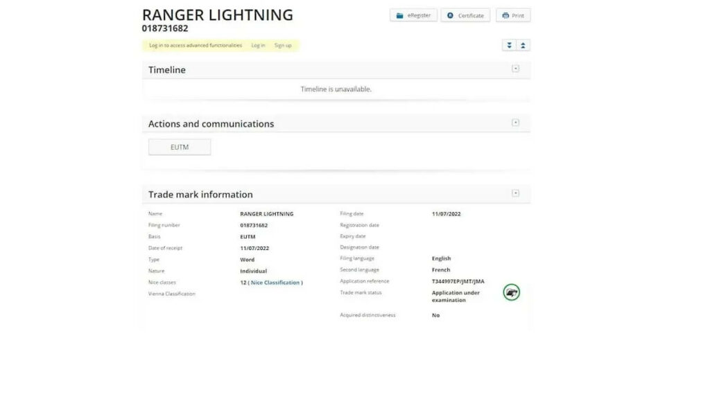 Foto de um registro online, o registro mostra o nome da versão da Ranger lightning
