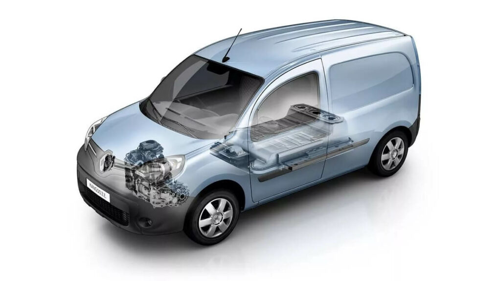 Foto de um Kangoo 2023, a foto mostra em um estilo de raio X a sua motorização interna