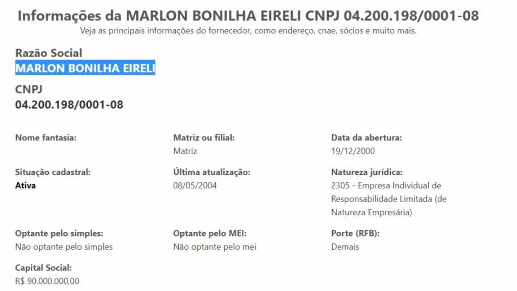 Print da consulta de CNPJ