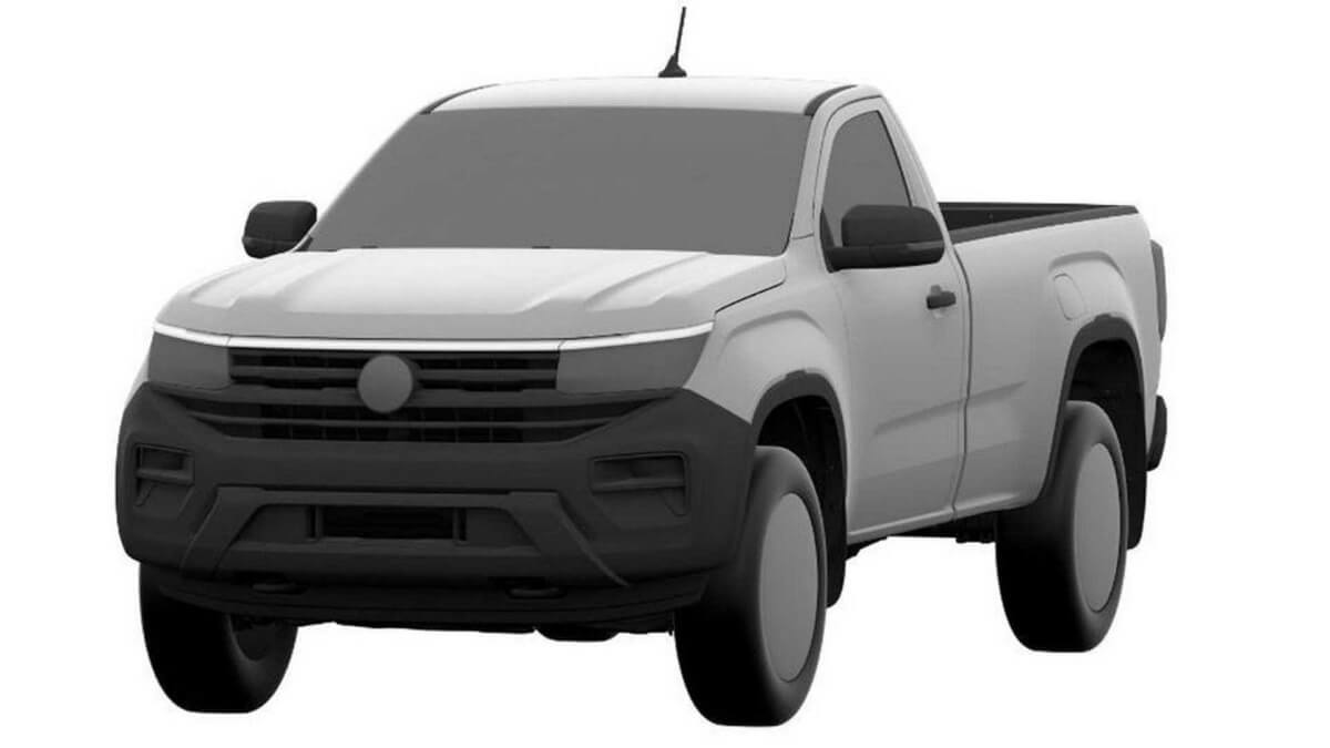 Foto frontal do desenho de uma nova Amarok cabine simples o desenho é todo na cor cinza