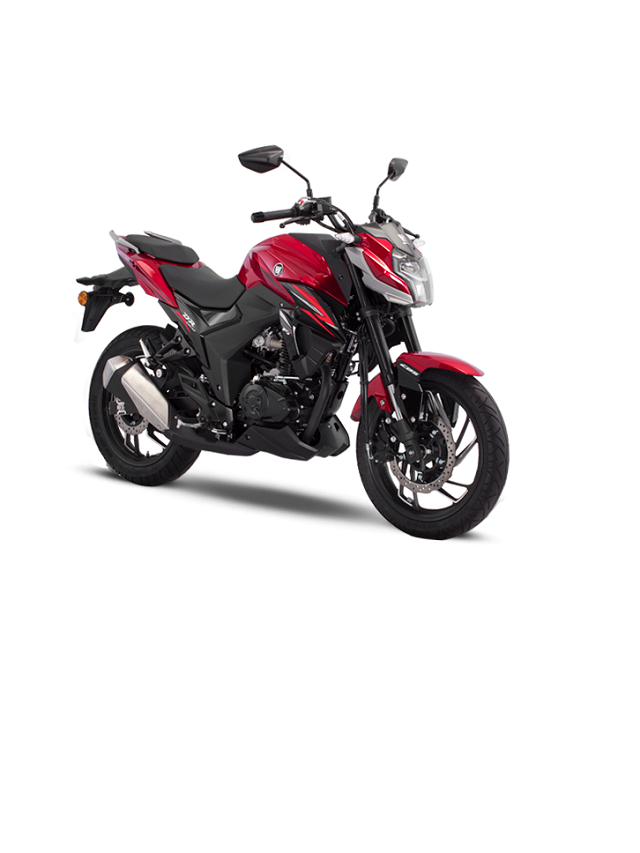 Foto lateral frontal de uma DR 160 2023 vermelha