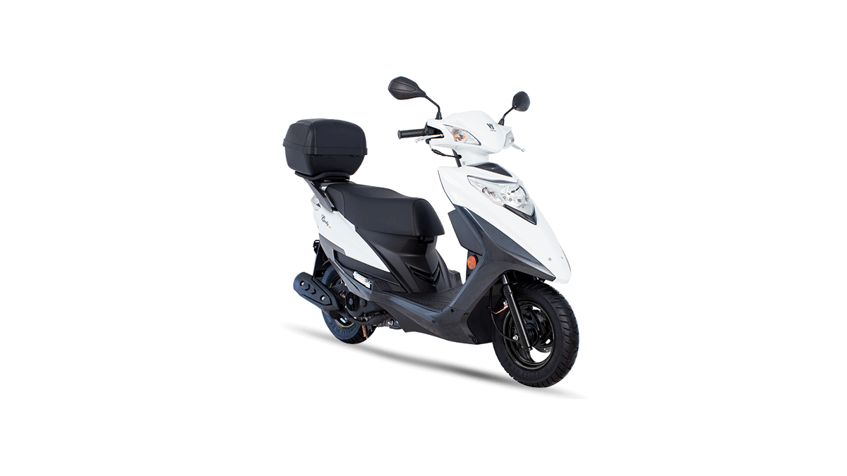 Foto de uma Lindy 125 2023 branca em um estúdio de fotos