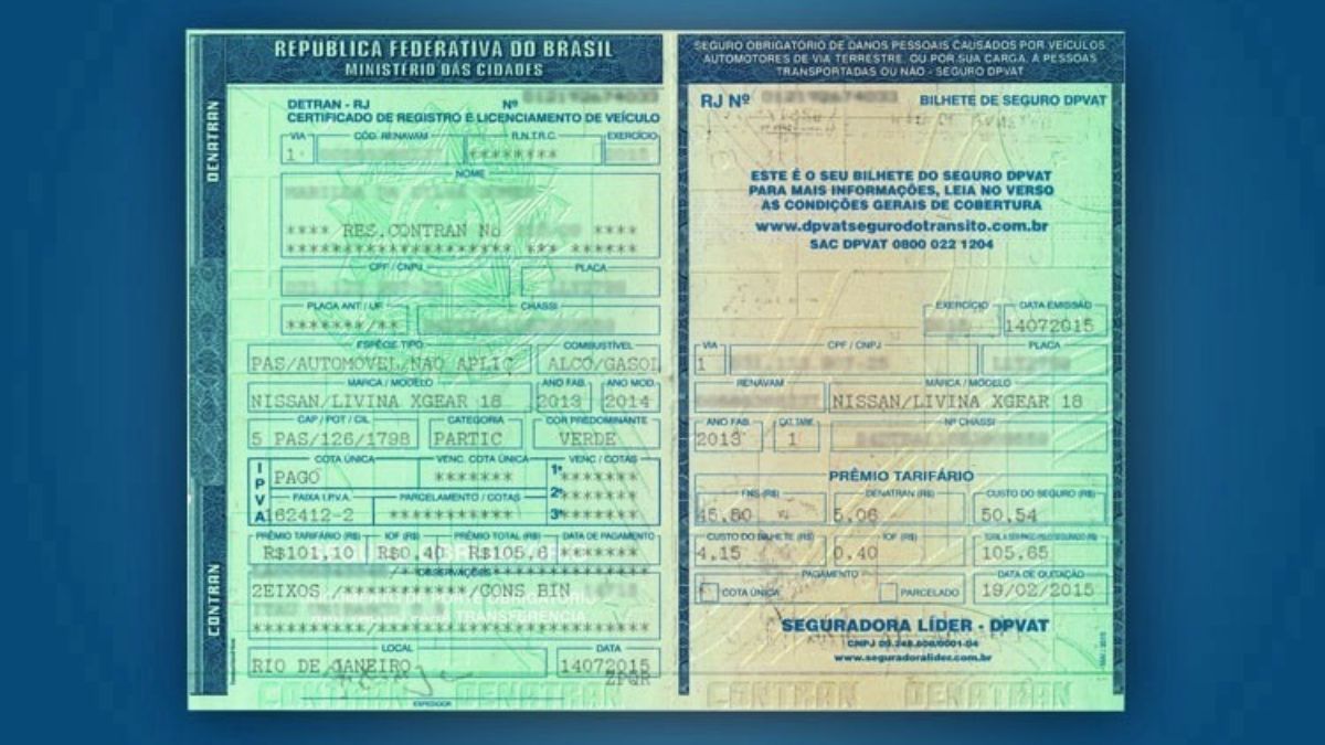 Documento veicular, que mostra as informações sobre o veículo e o DUT também.